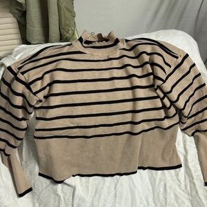 Striped Mock Neck Pullover Sweater in Beige and Black